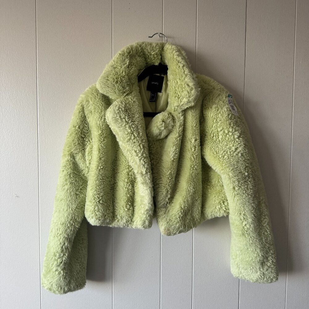 Cropped Faux Fur Jacket Women’s Small Lime Green Plush Teddy Coat